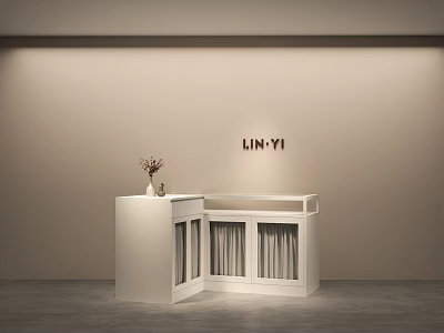 Minimalist Modern Clothing Store Interior With White Counter Vase Flowers And LIN-YI Sign 3d model