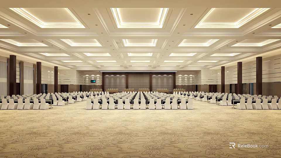Large Modern Conference Room With Well Arranged Rows Of Chairs And Ceiling Lighting 3d model 