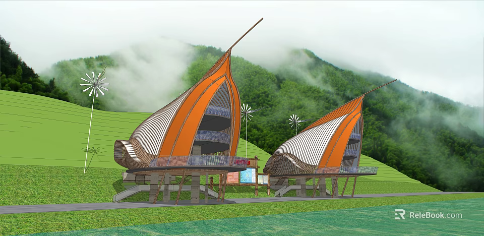 Unique Sail Shaped Buildings With Orange White Design In Green Mountain Grassland With Windmills 3d model 