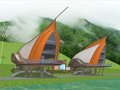 Unique Sail Shaped Buildings With Orange White Design In Green Mountain Grassland With Windmills 3d model