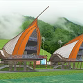 Unique Sail Shaped Buildings With Orange White Design In Green Mountain Grassland With Windmills