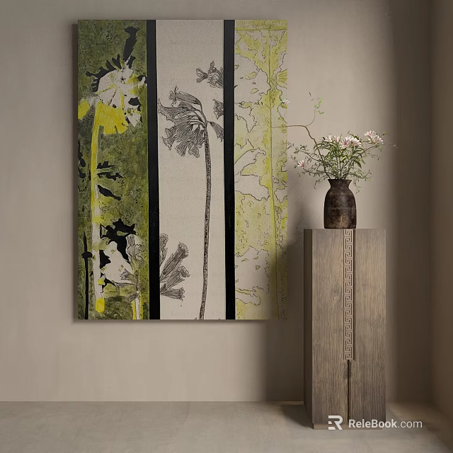 Wall Mounted Landscape Painting With Natural Elements And Vase 3d model