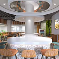 Modern Restaurant Interior With Circular Bar Comfortable Chairs Decorative Wall And Pendant Lights