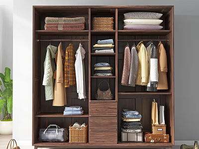 Dark Wooden Wardrobe With Hanging Clothes Folded Linen Baskets And Storage Drawers 3d model