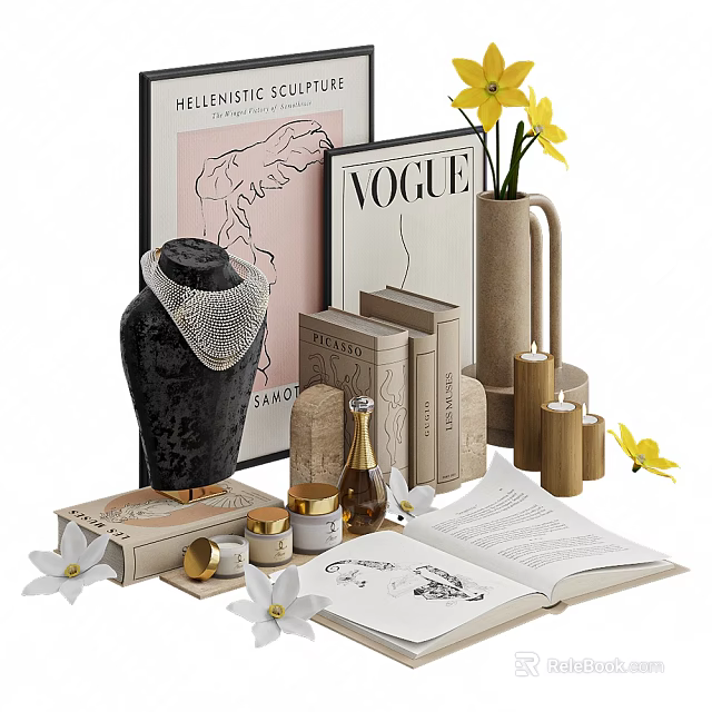 Decorative Ornaments Set With Necklace Display Vase Yellow White Flowers Books Open Book And Candles 3d model 