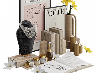 Decorative Ornaments Set With Necklace Display Vase Yellow White Flowers Books Open Book And Candles 3d model