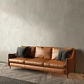 Brown Leather Three Seater Sofa With Gray Wall And Floor Lamp 3d model