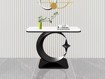 Modern Console Table With White Marble Top Black Metal Frame And Green Plant Decor 3d model