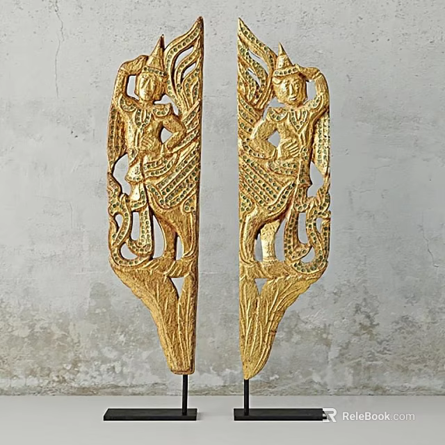 Golden Carved Decorative Ornament Set with Intricate Figures and Patterns Against Grey Wall Background 3d model 