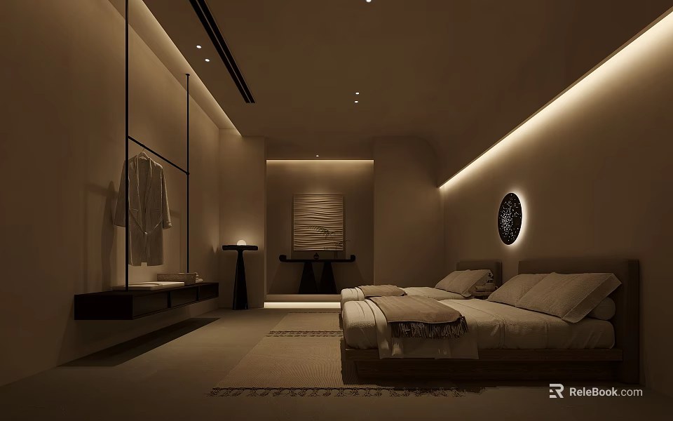 Modern SPA Sauna Interior With Minimalist Design Soft Lighting Comfortable Bed And Plush Towels 3d model 