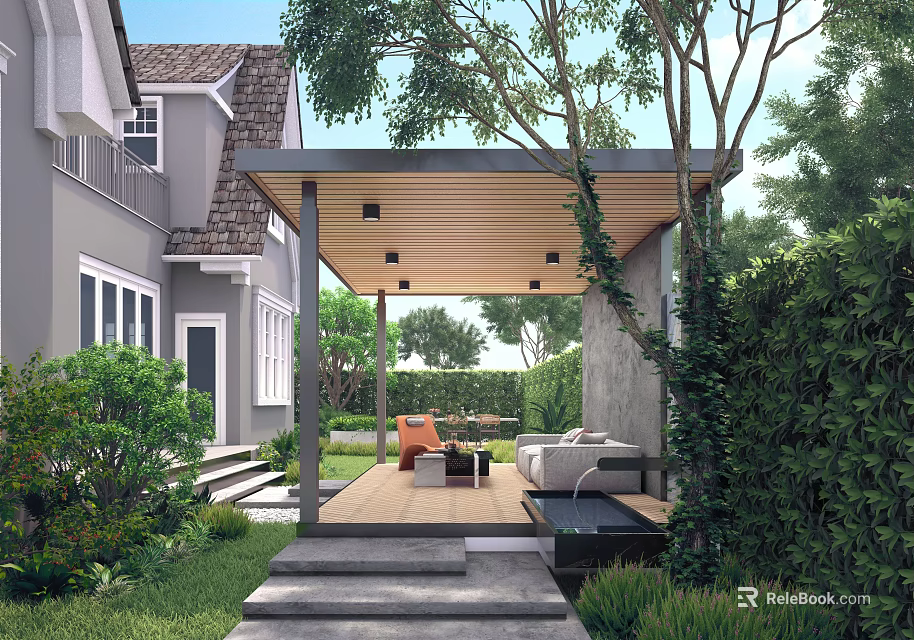 Modern Courtyard Garden With Wooden Pergola Outdoor Seating Lush Green Plants And Stone Pathway 3d model 