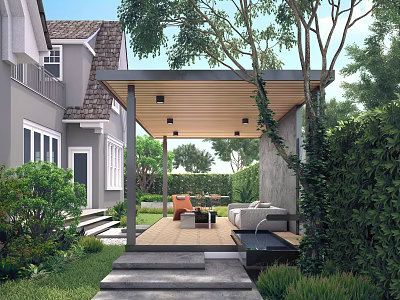 Modern Courtyard Garden With Wooden Pergola Outdoor Seating Lush Green Plants And Stone Pathway 3d model