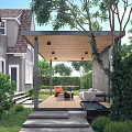Modern Courtyard Garden With Wooden Pergola Outdoor Seating Lush Green Plants And Stone Pathway