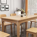 Modern Wooden Dining Table Set With Chairs Stools And Decorative Vase