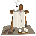 Bathroom Accessories Set With Wooden Stool Towels Slippers And Aromatherapy Bottles