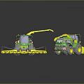 Green And Yellow Agricultural Machinery With Cutting Attachments And Operator Cabs