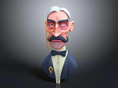 Cartoon Character Gentleman With White Hair Monocle Mustache Bow Tie And Blue Suit Badge 3d model