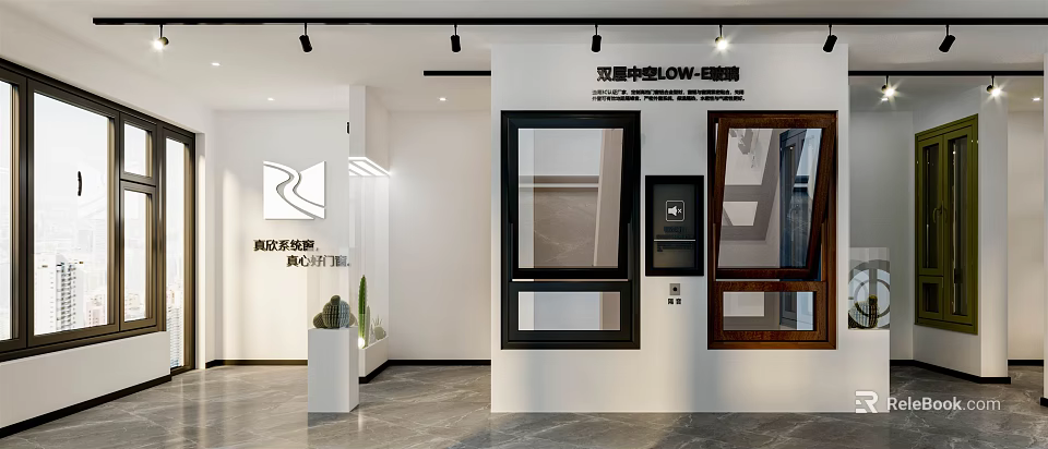 Modern Window And Door Showroom Featuring Energy Efficient Glass Samples On 3d model 
