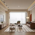 Cozy Modern Living And Dining Room Interior With Brown Sofa Checkered Rug And Wooden Furniture