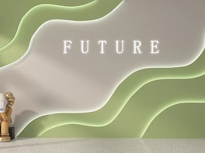 Wavy Green And Beige Background Wall Interior With Future Lettering And Decorative Figurine 3d model