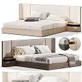 Modern Double Bed with Upholstered Headboard Wooden Frame Matching Nightstand Soft Pillows and Cozy Blanket