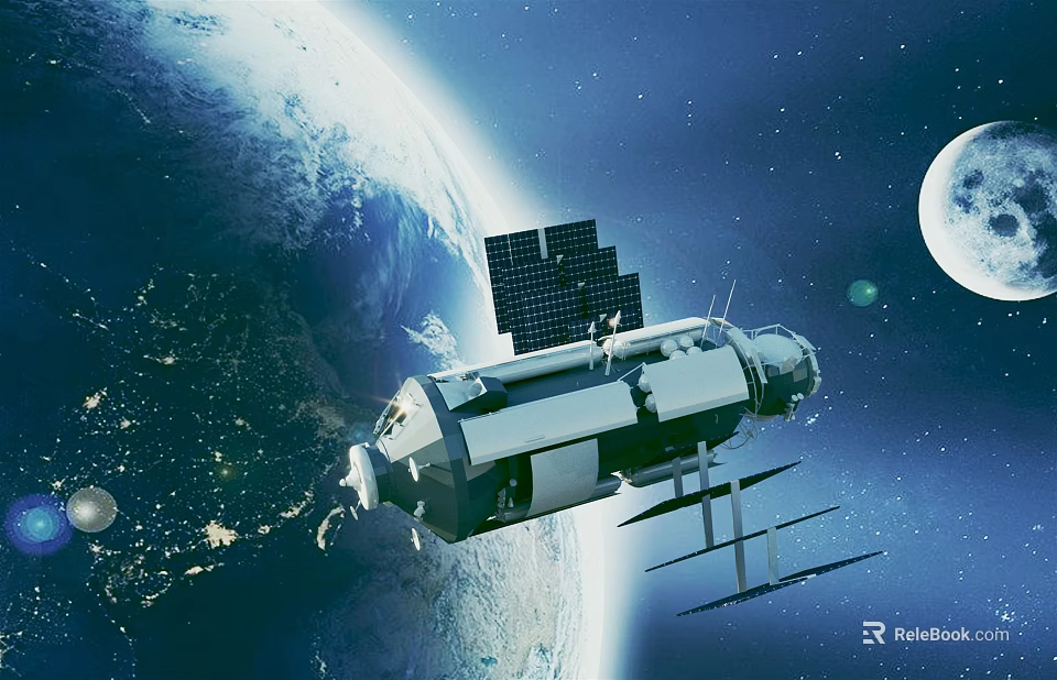 Cartoon Scene of Space Station With Solar Panels Near Earth and Moon in Starry Sky 3d model 
