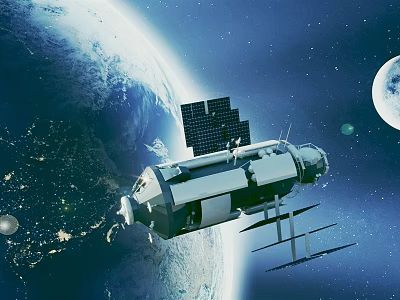 Cartoon Scene of Space Station With Solar Panels Near Earth and Moon in Starry Sky 3d model