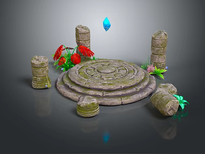 Ancient Stone Scene Components With Circular Platform Pillars Red Flowers Blue Gem And Green Plants 3d model