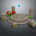 Ancient Stone Scene Components With Circular Platform Pillars Red Flowers Blue Gem And Green Plants