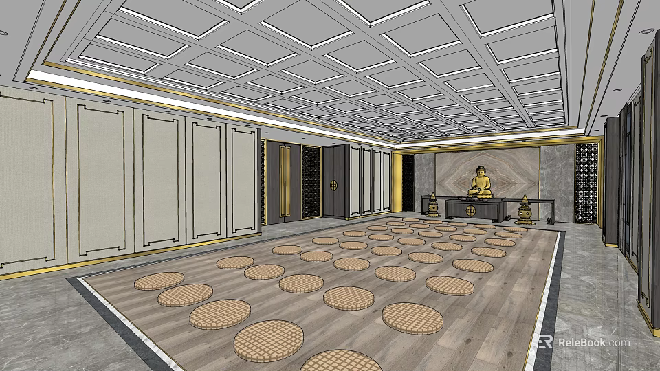 Serene Buddhist Meditation Space With Buddha Statue And Round Prayer Cushions 3d model 