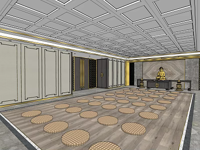 Serene Buddhist Meditation Space With Buddha Statue And Round Prayer Cushions 3d model