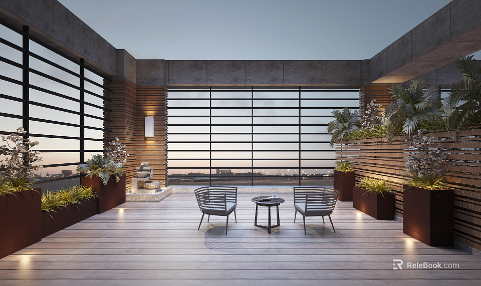 Villa Balcony With Wooden Deck Outdoor Seating Gray Chairs And Potted Plants 3d model 