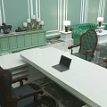 Elegant Office Interior With Green Walls Curtains Chandelier Marble Floor Desk Chairs And Green Sofas