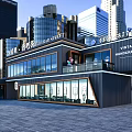 Modern Sales Office Building In Commercial District With Glass Curtain Walls And High Rise Background