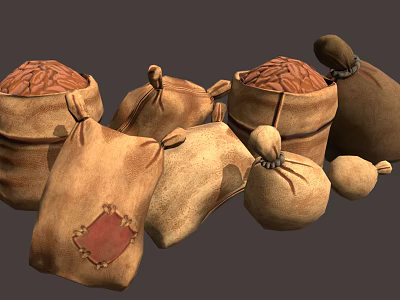 Traditional Hessian Sacks for Storing Walnuts with Various Sizes and Patch Details 3d model