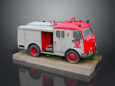 Red And Gray Fire Truck Model With Red Wheels Emblem Display Base And Green Grass 3d model