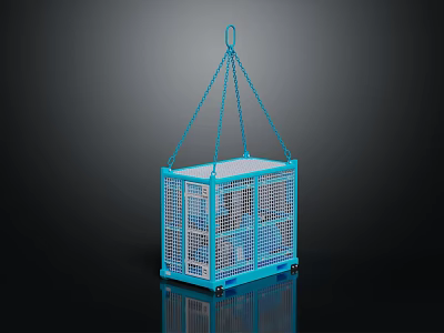 Blue Metal Cage Ornament Decoration Set With Hanging Chain And Reflective Base On Black Background 3d model