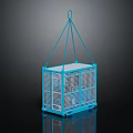 Blue Metal Cage Ornament Decoration Set With Hanging Chain And Reflective Base On Black Background