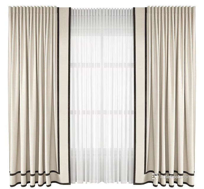 Beige Curtain Panels with White Sheer Layer for Window Decoration 3d model