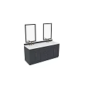 Dark Bathroom Vanity With Double Mirrors Brass Faucets Drawers And Cabinets White Countertop