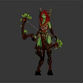 Fantasy Game and Movie Character With Red Horns Green Body Glowing Decorations and Plant Bow