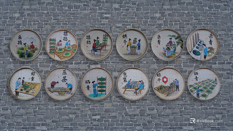 Traditional Life Scenes On Round Frame Paintings Displayed On Brick Wall 3d model 