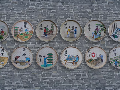 Traditional Life Scenes On Round Frame Paintings Displayed On Brick Wall 3d model