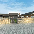 Rural Landscape with Wooden Pavilion Black Tiled Roof Green Lawn Stone Path Lanterns Outdoor Furniture