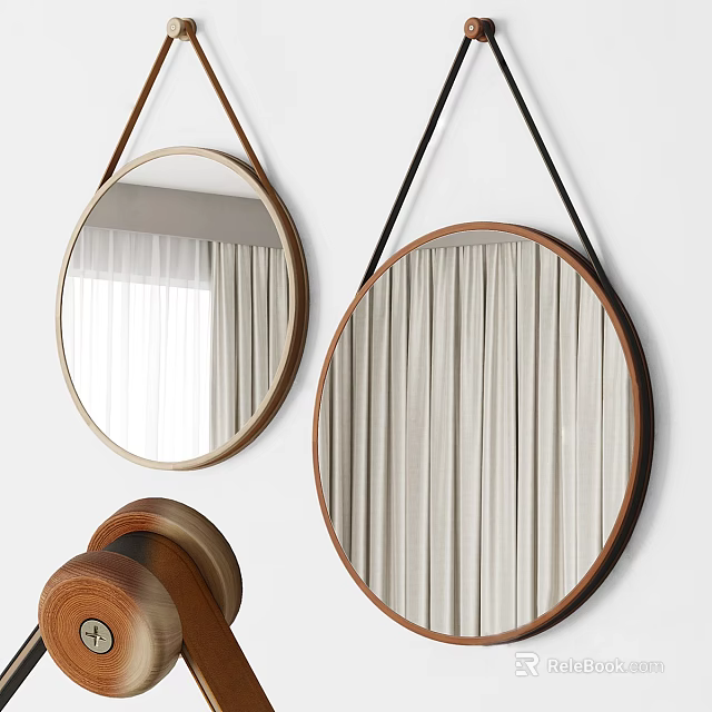 Round Mirrors with Wooden Frames and Leather Hanging Straps Hanging on Wall Against White Curtain 3d model 