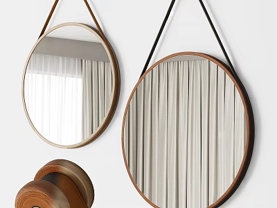 Round Mirrors with Wooden Frames and Leather Hanging Straps Hanging on Wall Against White Curtain 3d model