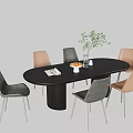 Modern Minimalist Dark Oval Dining Table Set With Stylish Upholstered Chairs And Exquisite Tabletop Decorations