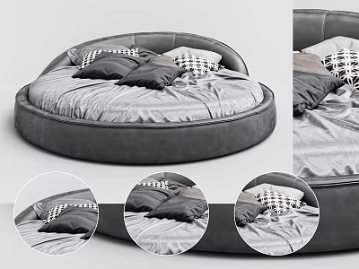 Gray Velvet Round Bed With Soft Bedding And Plush Pillows In Modern Bedroom Design 3d model