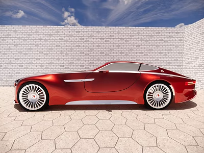 Red Sports Car Parked On Hexagonal Tile Floor With White Brick Wall And Blue Sky 3d model