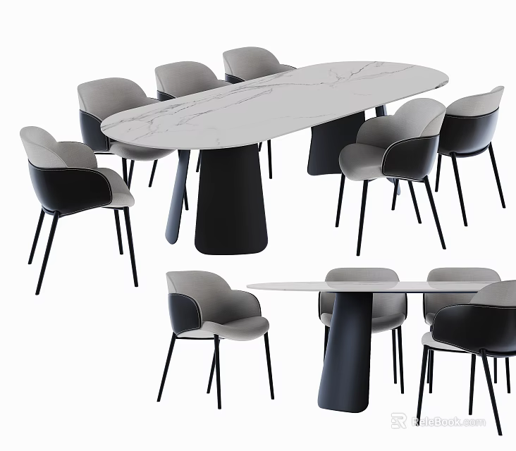 Modern Dining Table Set With Marble Top Black Column Legs And Gray Chairs 3d model